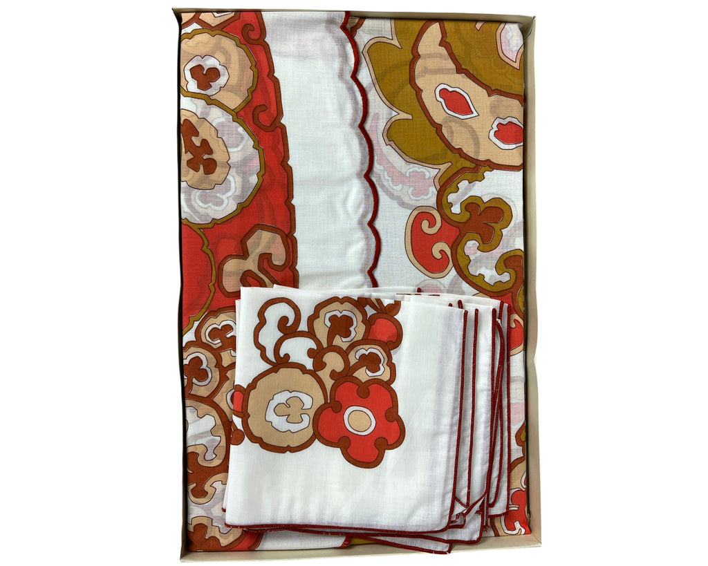 Mid Century NOS Italian Printed Round Tablecloth Unused NWT w Napkins Bustese - Poppy's Vintage Clothing