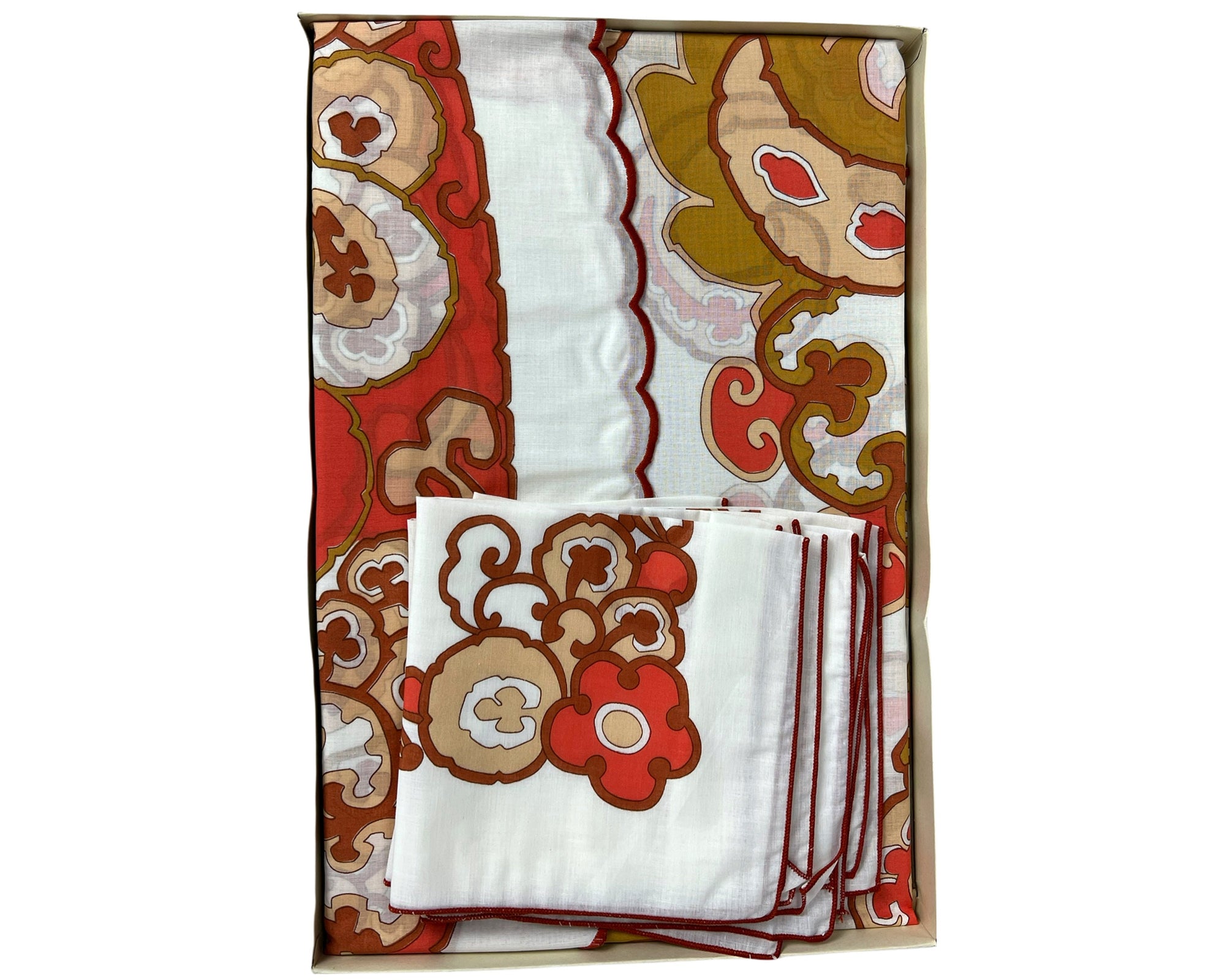 Mid Century NOS Italian Printed Round Tablecloth Unused NWT w Napkins Bustese - Poppy's Vintage Clothing
