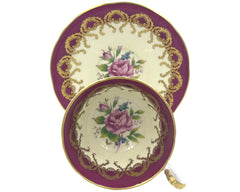 Vintage 1930s Aynsley Bone China Tea Cup & Saucer Rose Interior Magenta Gold C1056 - Poppy's Vintage Clothing