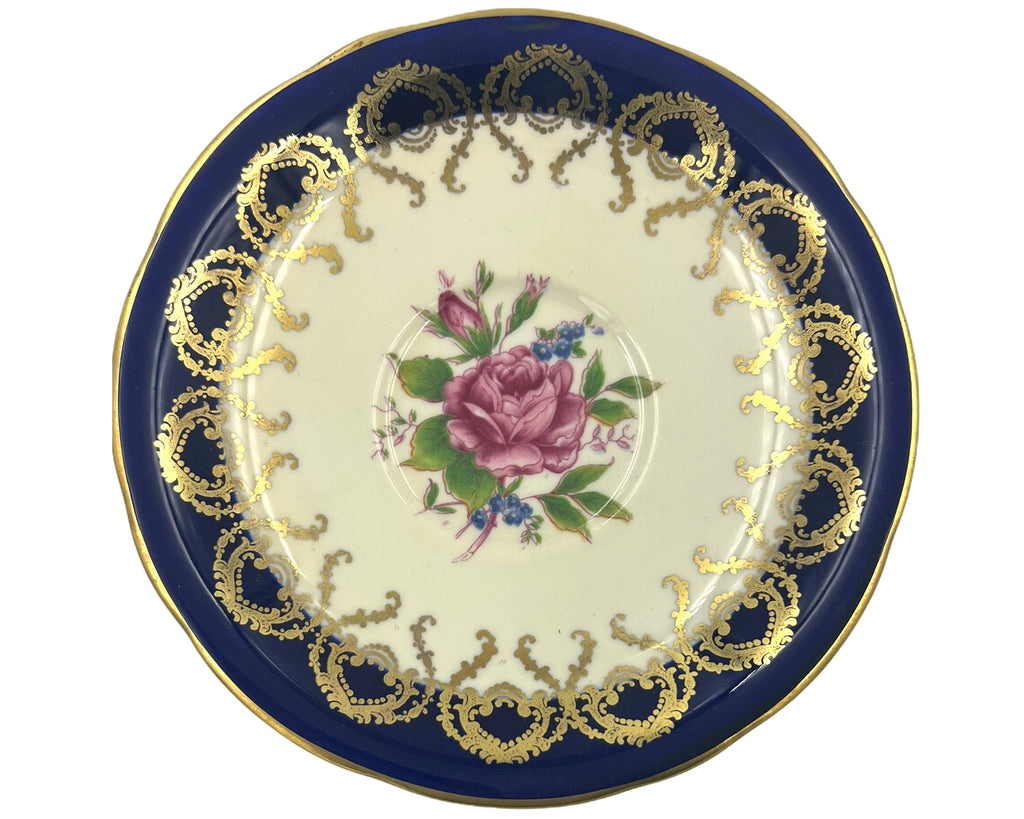 Vintage 1930s Aynsley Bone China Tea Cup & Saucer Rose Interior Cobalt Gold C1056 - Poppy's Vintage Clothing