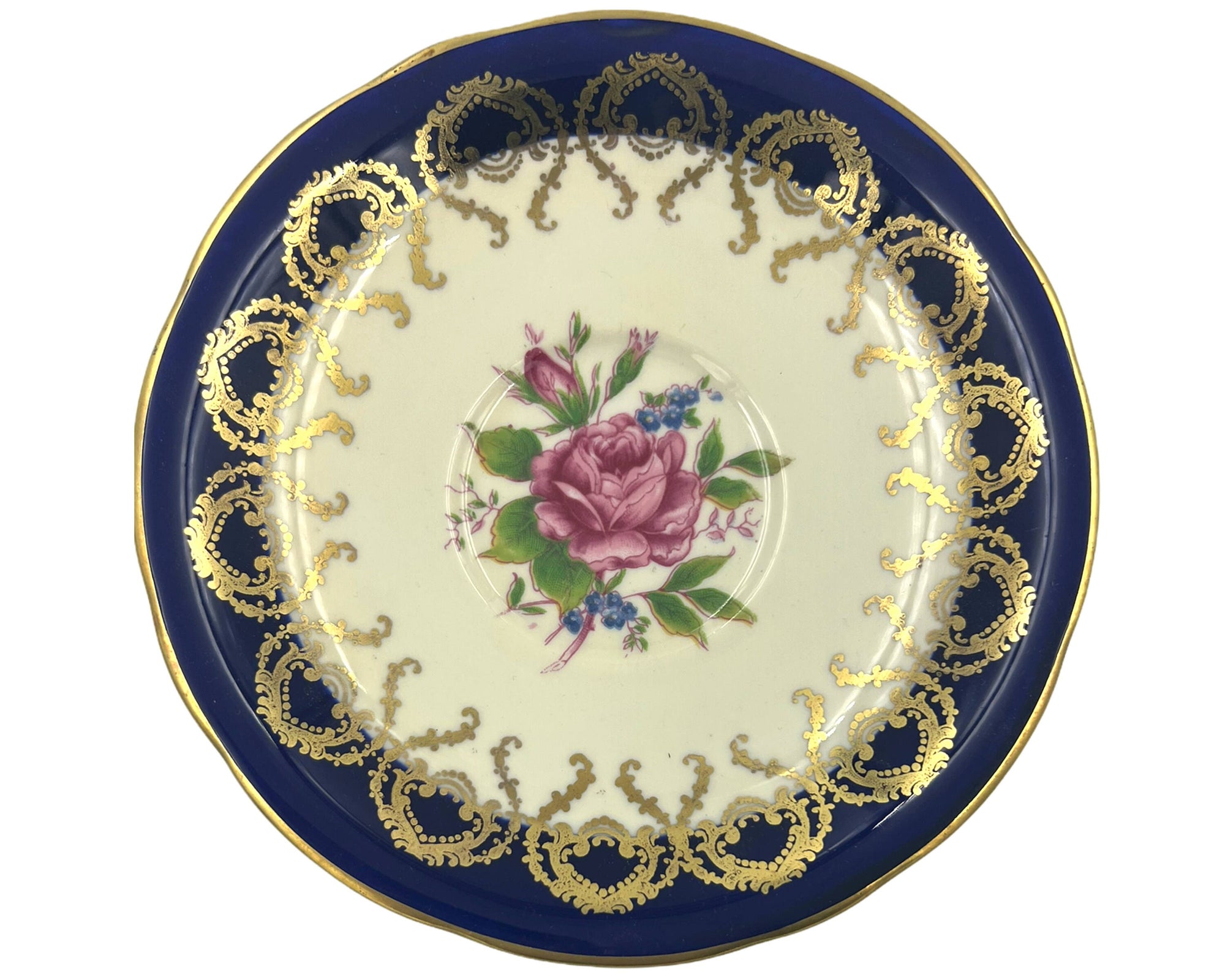 Vintage 1930s Aynsley Bone China Tea Cup & Saucer Rose Interior Cobalt Gold C1056 - Poppy's Vintage Clothing