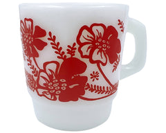 Vintage Anchor Hocking Milk Glass Mug Red Hibiscus Flower Design Stackable - Poppy's Vintage Clothing