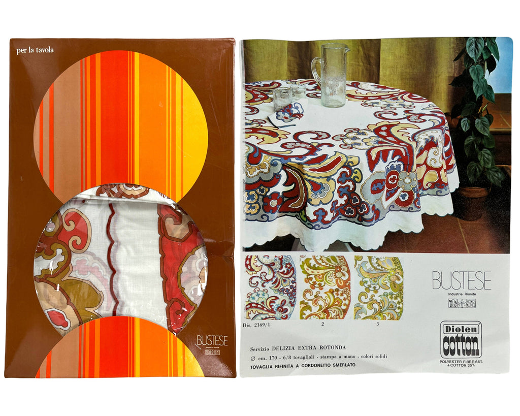 Mid Century NOS Italian Printed Round Tablecloth Unused NWT w Napkins Bustese - Poppy's Vintage Clothing