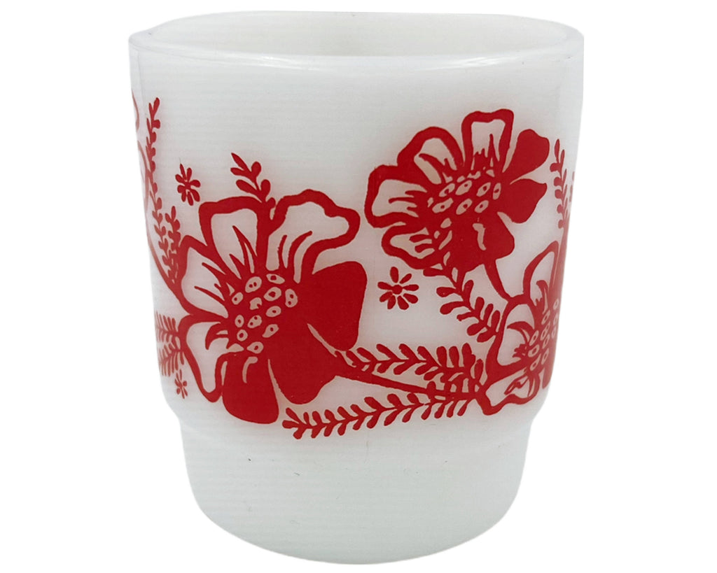 Vintage Anchor Hocking Milk Glass Mug Red Hibiscus Flower Design Stackable - Poppy's Vintage Clothing