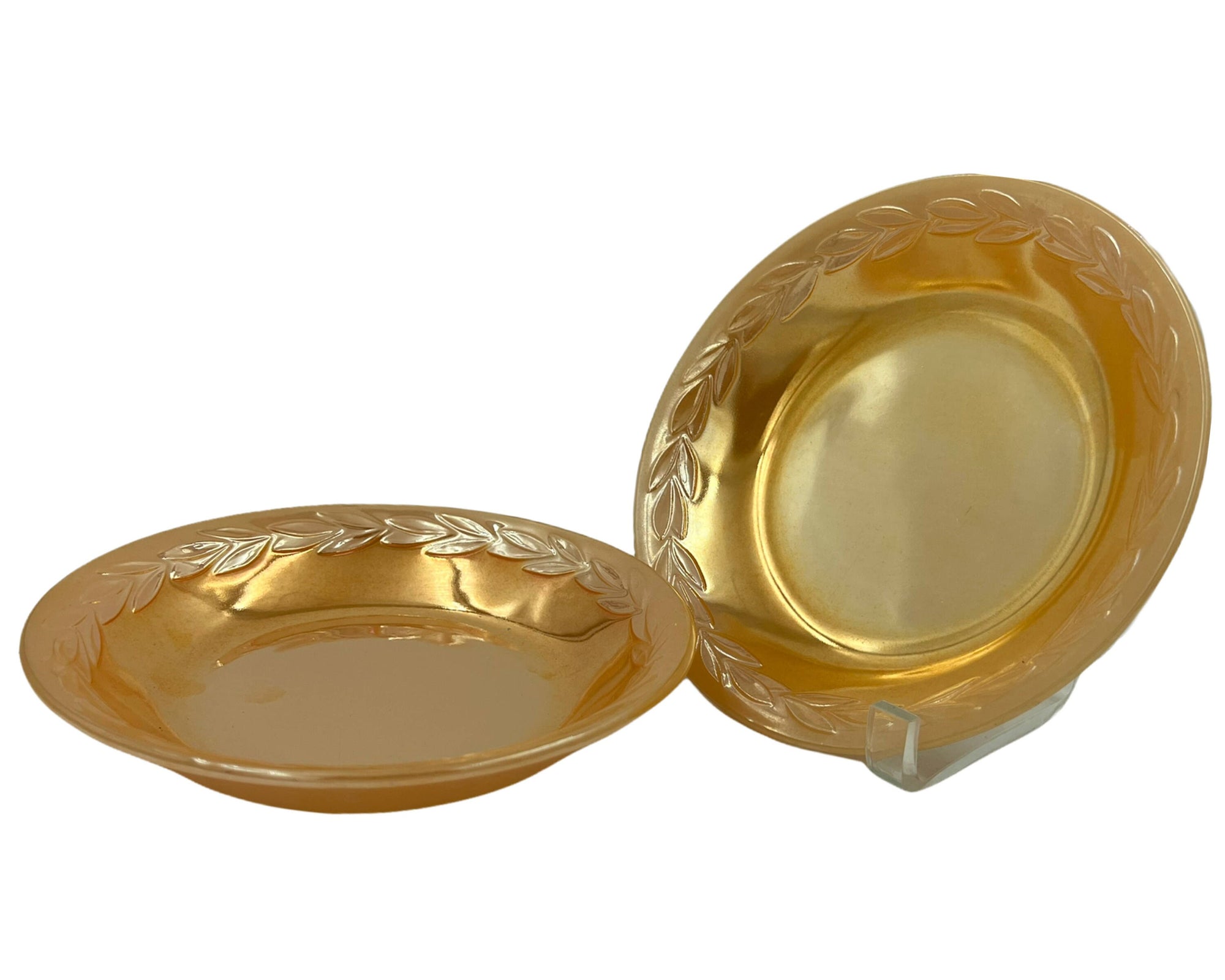 Vintage Fire King Peach Lustre Glass Laurel Soup Plate Bowls Pair 7 5/8 - Poppy's Vintage Clothing