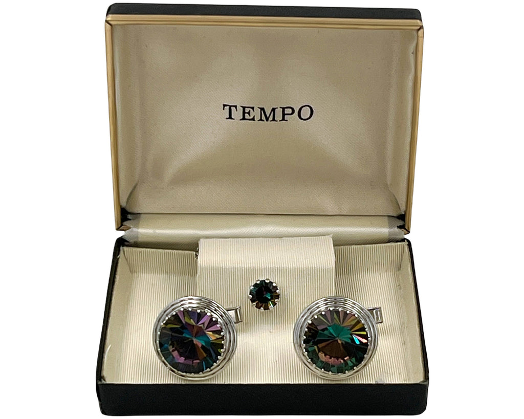 Vintage 1960s Rivoli Watermelon Rhinestone Cufflinks Set NOS - Poppy's Vintage Clothing