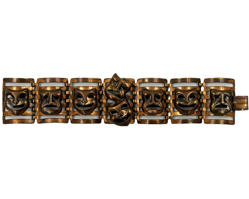 Vintage 1940s Copper Bracelet Comedy & Tragedy Drama Masks - VFG - Poppy's Vintage Clothing