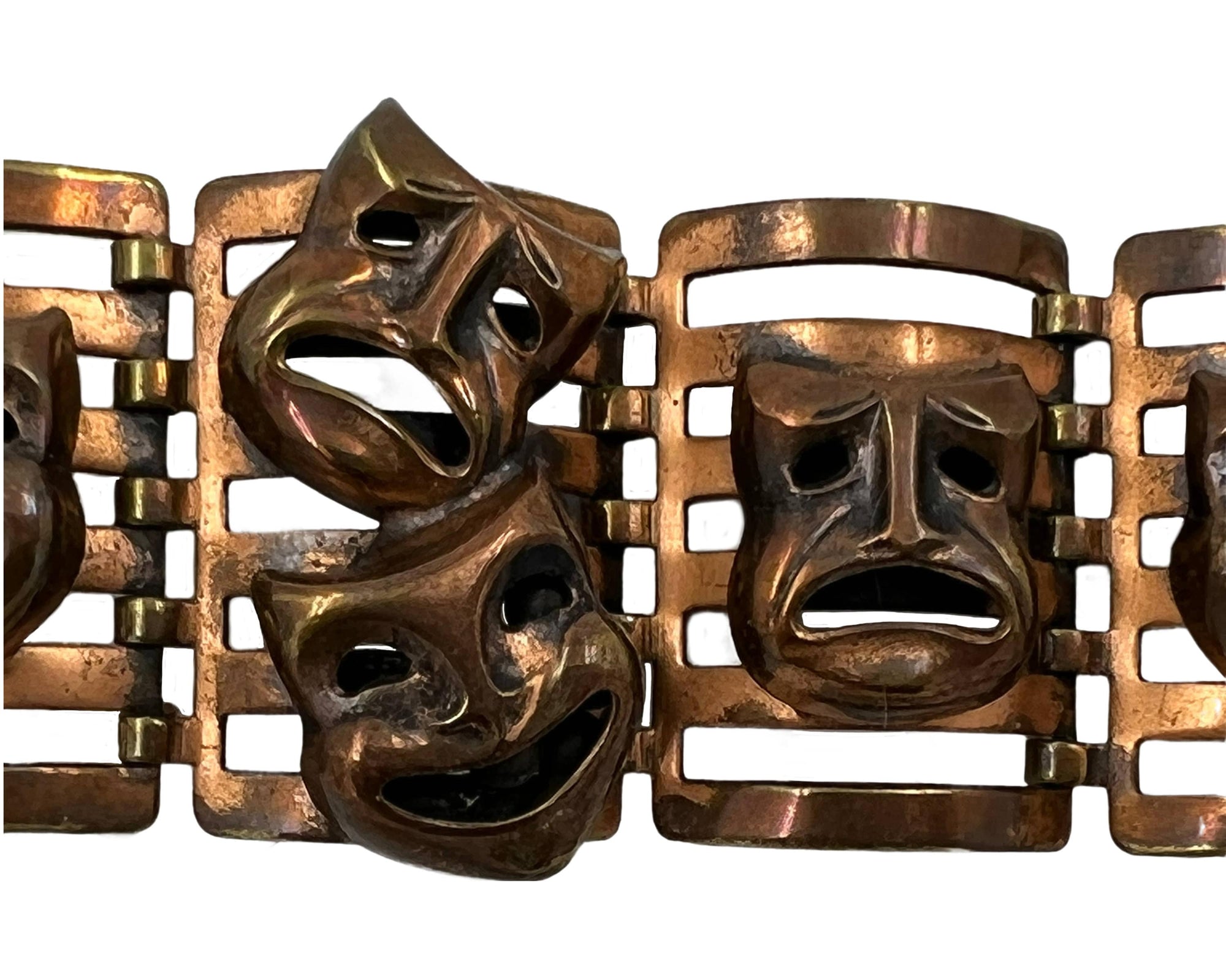 Vintage 1940s Copper Bracelet Comedy & Tragedy Drama Masks - VFG - Poppy's Vintage Clothing