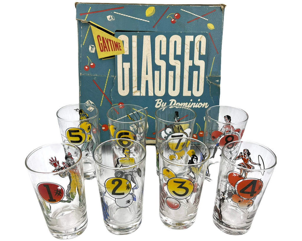 Vintage 1950s Circus Tumbler Set of 8 in Box Gaytime Glasses Dominion Glass Canada - Poppy's Vintage Clothing