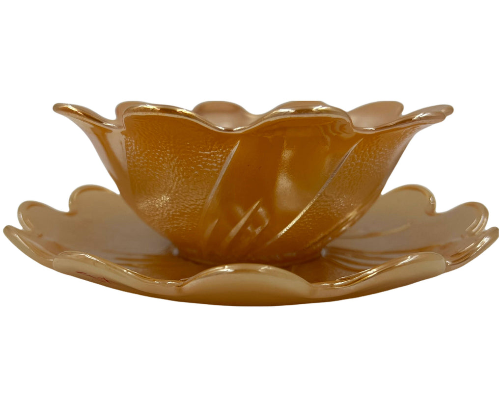 Vintage Fire King Peach Lustre Glass Party Dessert Set Lotus Form - Poppy's Vintage Clothing