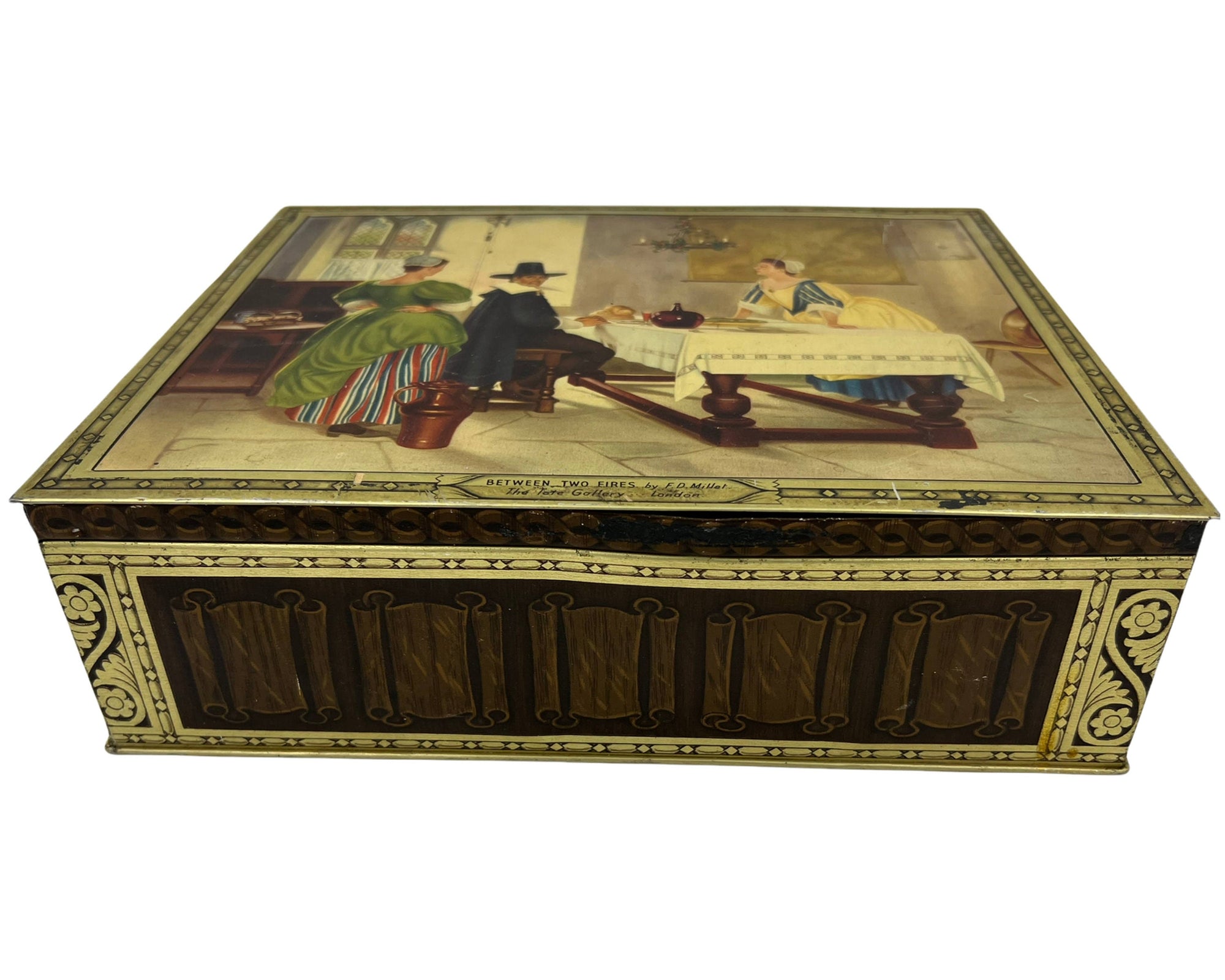 Vintage 1940s English Biscuit Tin Between Two Fires FD Millet Tate Gallery - Poppy's Vintage Clothing