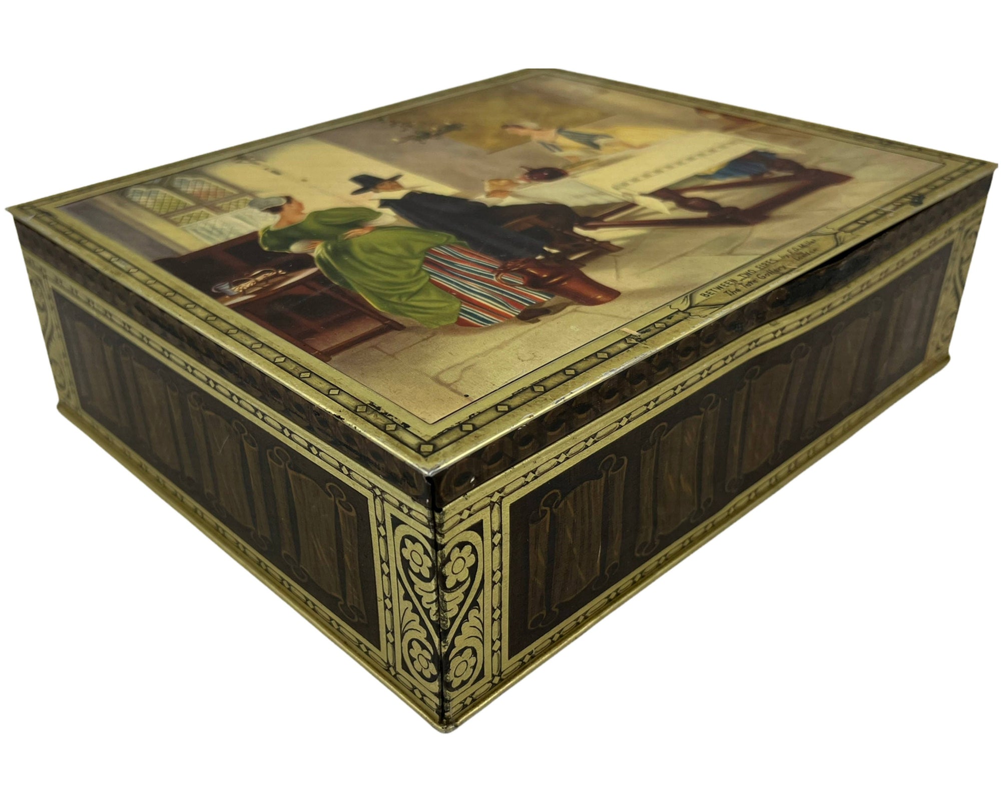 Vintage 1940s English Biscuit Tin Between Two Fires FD Millet Tate Gallery - Poppy's Vintage Clothing