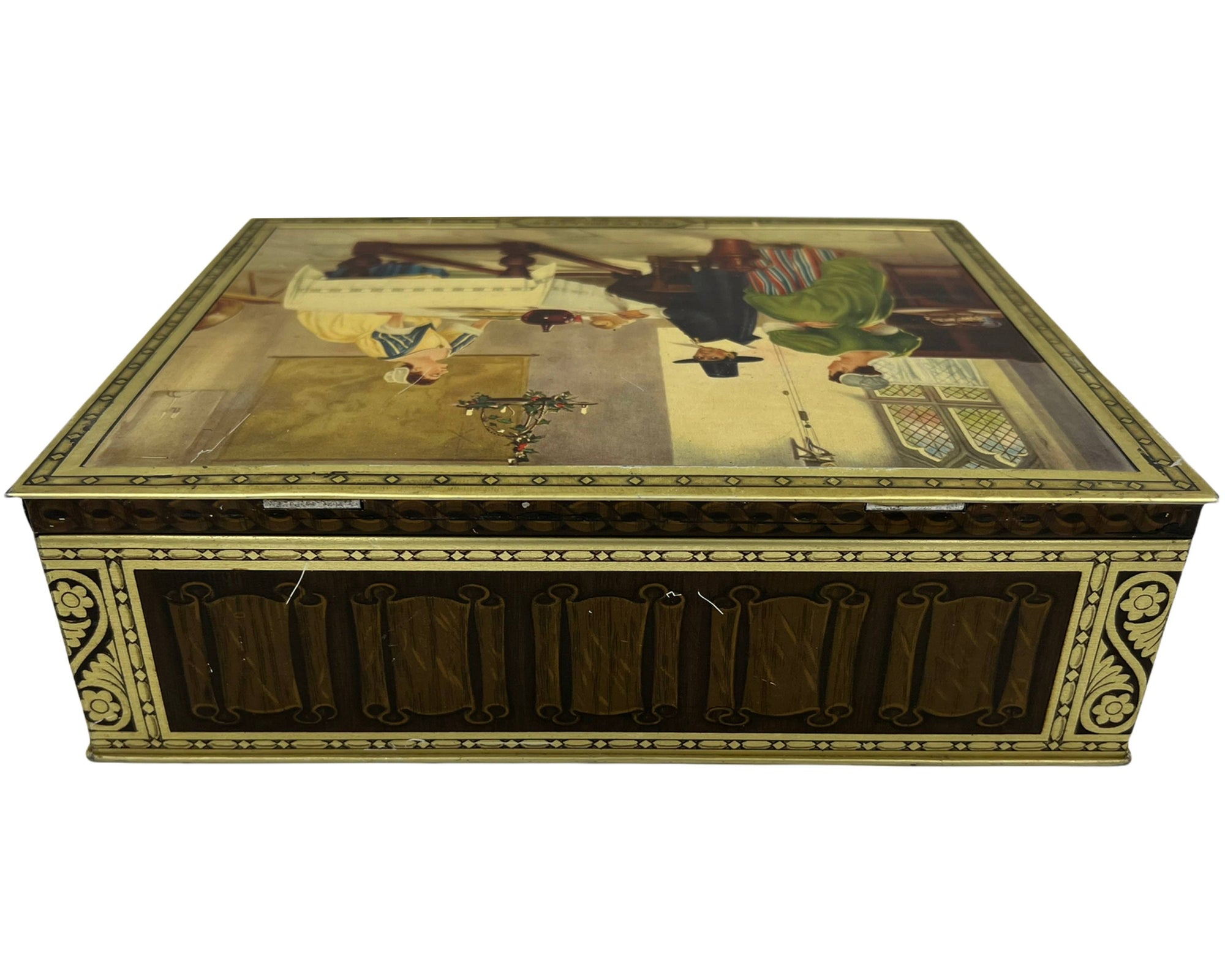 Vintage 1940s English Biscuit Tin Between Two Fires FD Millet Tate Gallery - Poppy's Vintage Clothing