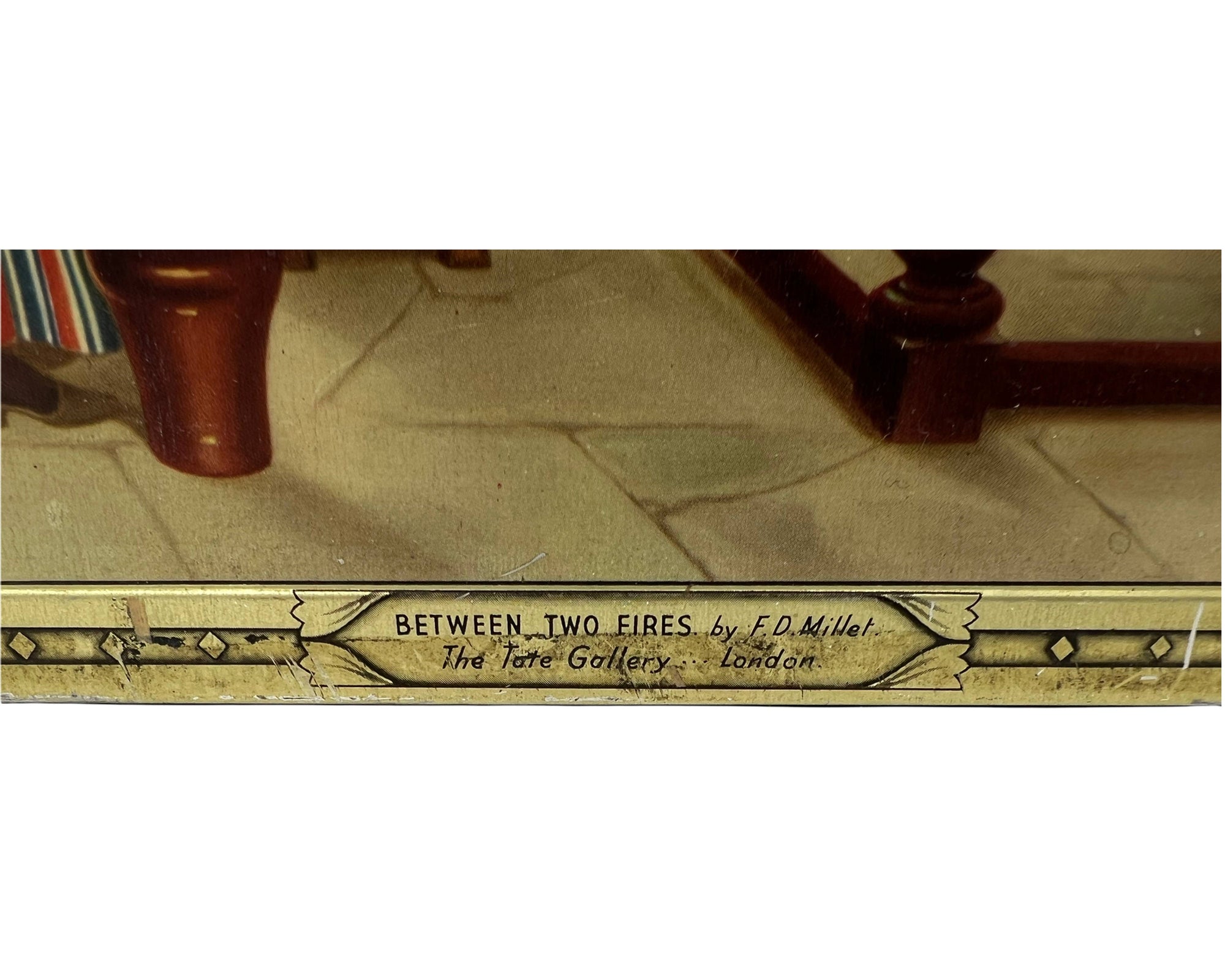 Vintage 1940s English Biscuit Tin Between Two Fires FD Millet Tate Gallery - Poppy's Vintage Clothing