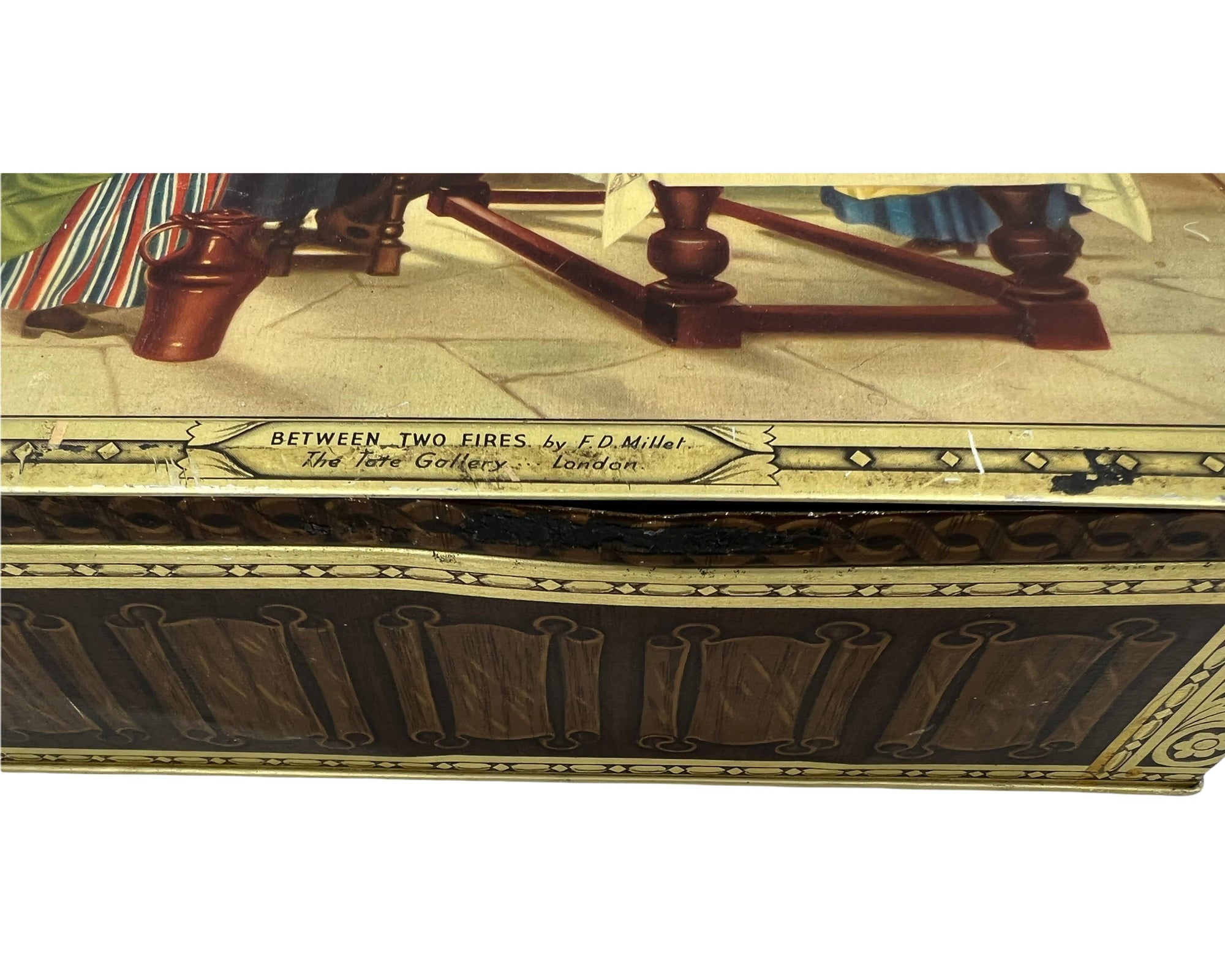 Vintage 1940s English Biscuit Tin Between Two Fires FD Millet Tate Gallery - Poppy's Vintage Clothing