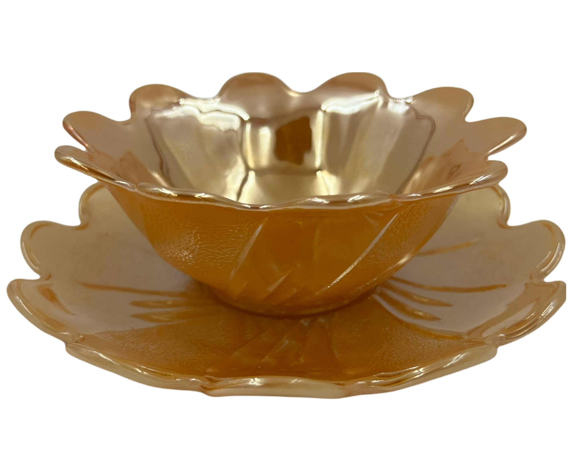 Vintage Fire King Peach Lustre Glass Party Dessert Set Lotus Form - Poppy's Vintage Clothing