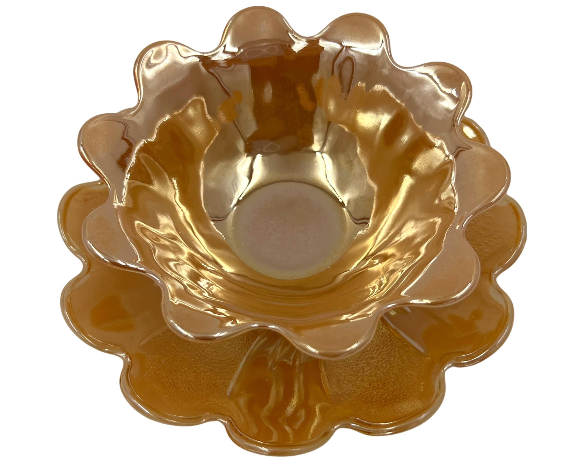 Vintage Fire King Peach Lustre Glass Party Dessert Set Lotus Form - Poppy's Vintage Clothing