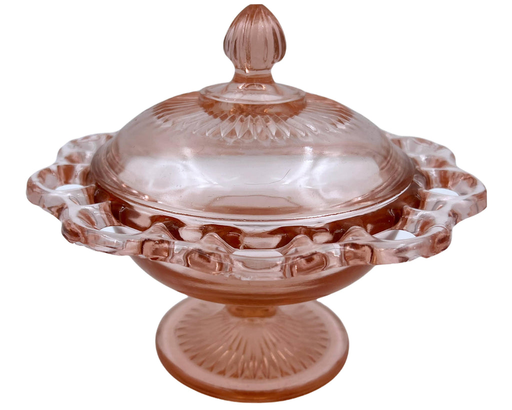Hocking Old Colony Pink Depression Glass Candy Jar and Cover Open Lace Edge - Poppy's Vintage Clothing