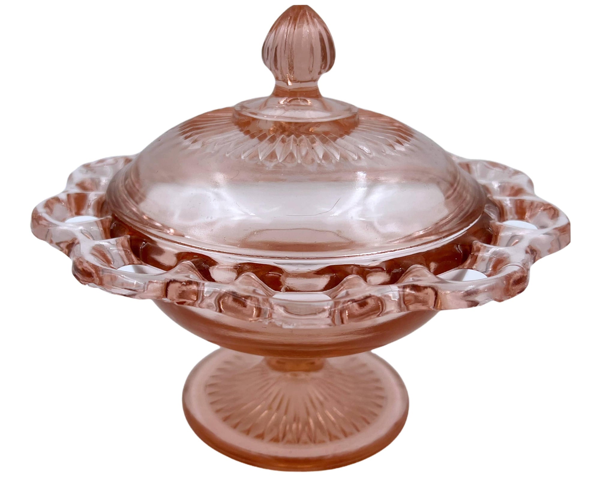 Hocking Old Colony Pink Depression Glass Candy Jar and Cover Open Lace Edge - Poppy's Vintage Clothing