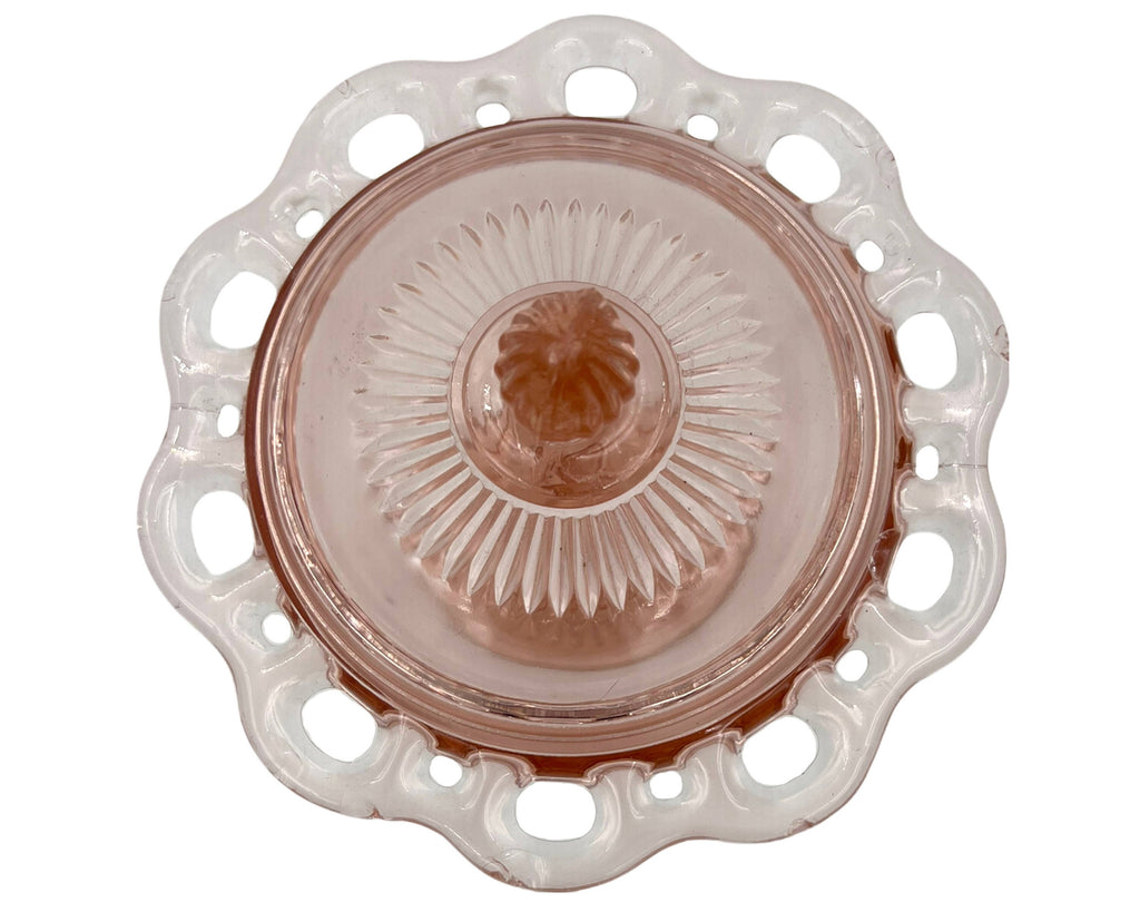 Hocking Old Colony Pink Depression Glass Candy Jar and Cover Open Lace Edge - Poppy's Vintage Clothing