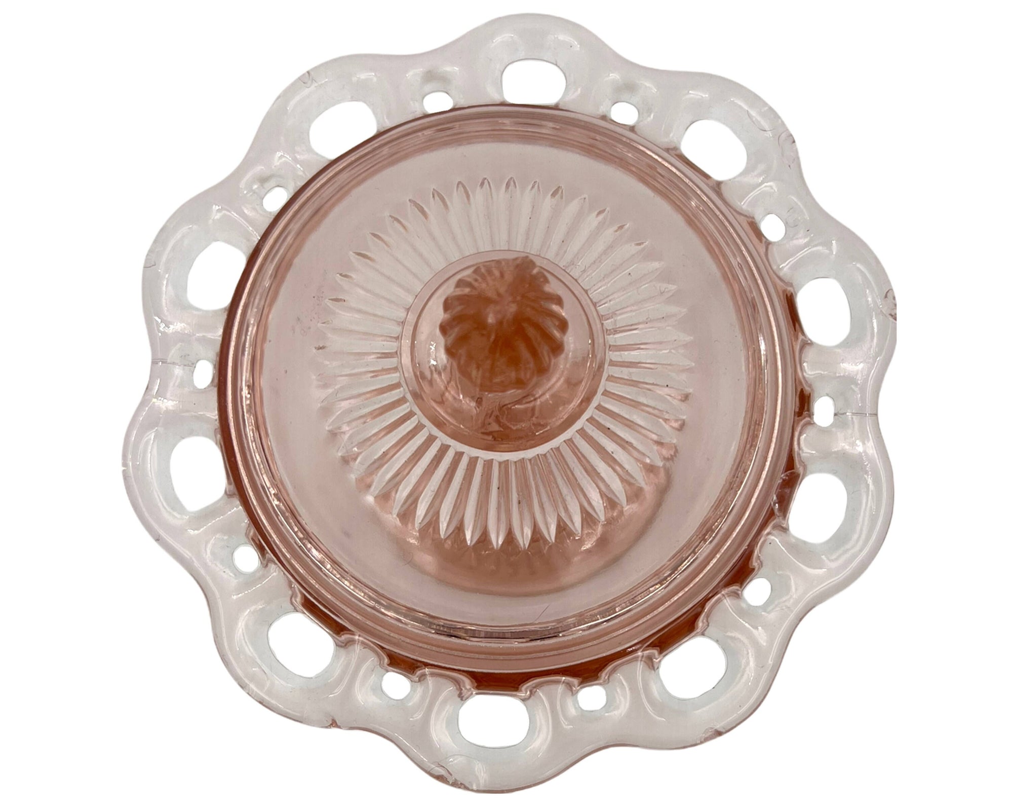 Hocking Old Colony Pink Depression Glass Candy Jar and Cover Open Lace Edge - Poppy's Vintage Clothing