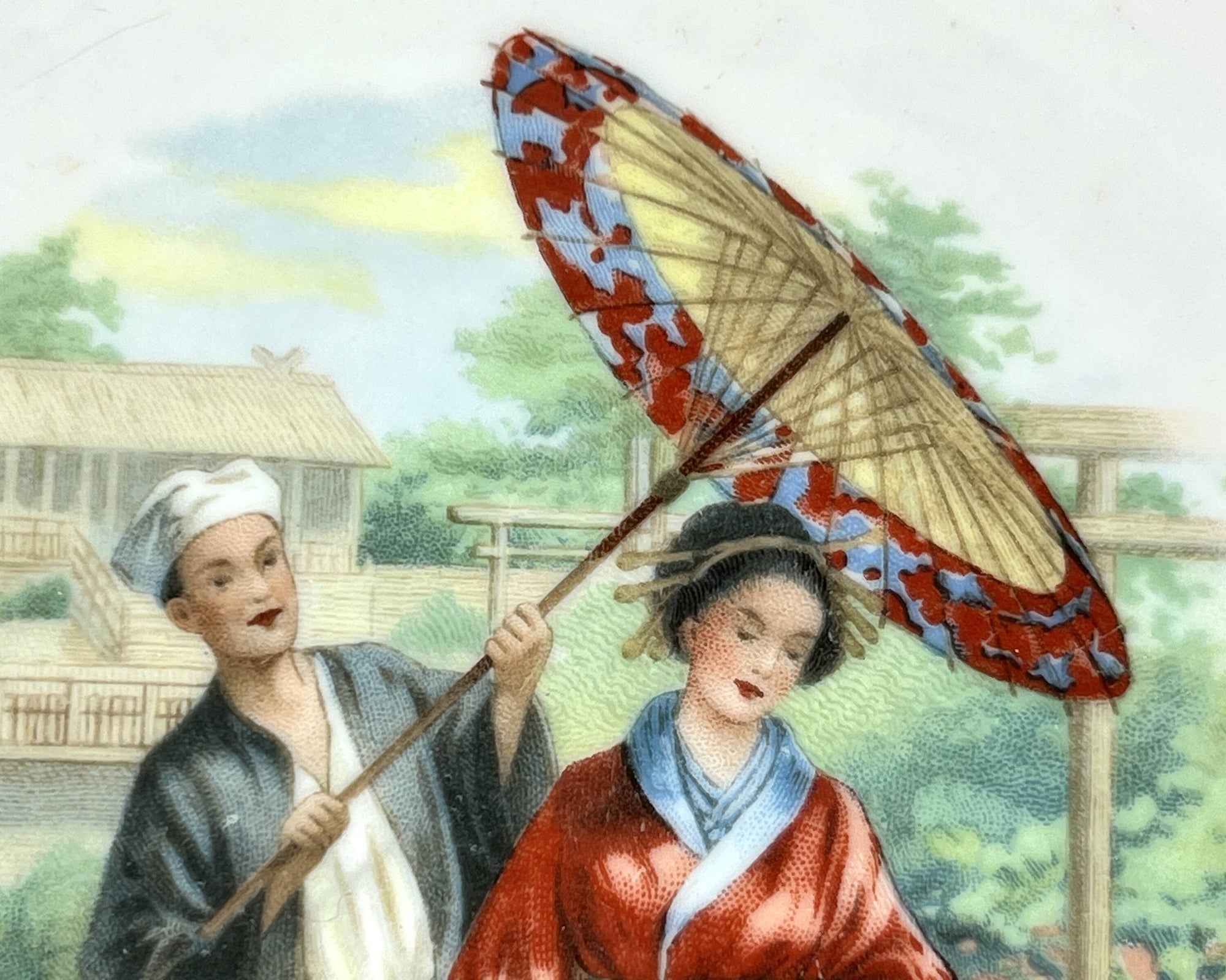Antique Porcelain Bowl Japanese Family Transfer Image w Pink Lustre Rim - Poppy's Vintage Clothing