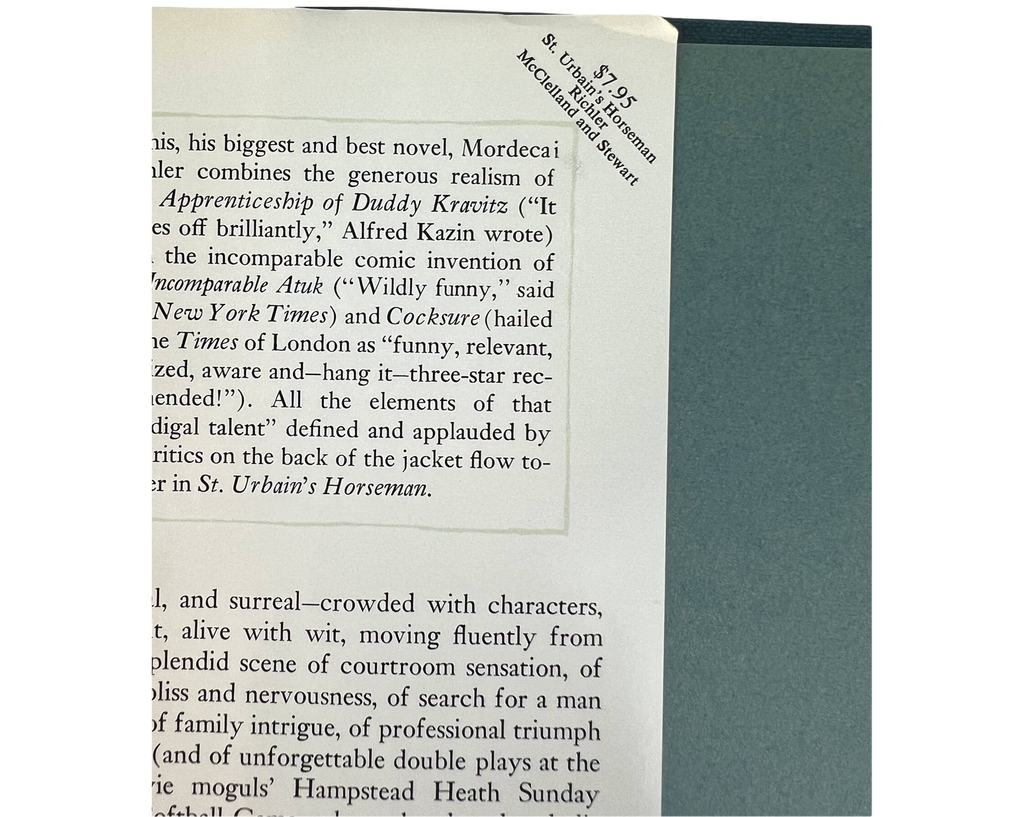 St Urbains Horseman Book Mordecai Richler Signed 1st Canadian Edition w Dust Jacket Fine - Poppy's Vintage Clothing