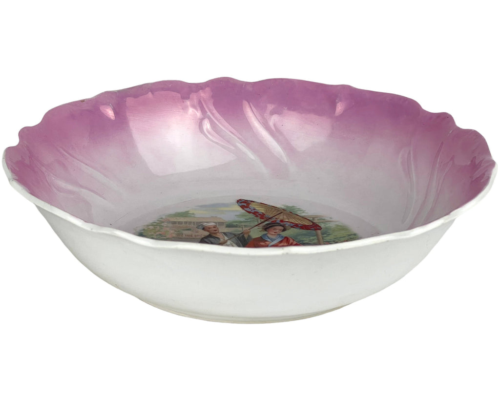 Antique Porcelain Bowl Japanese Family Transfer Image w Pink Lustre Rim - Poppy's Vintage Clothing
