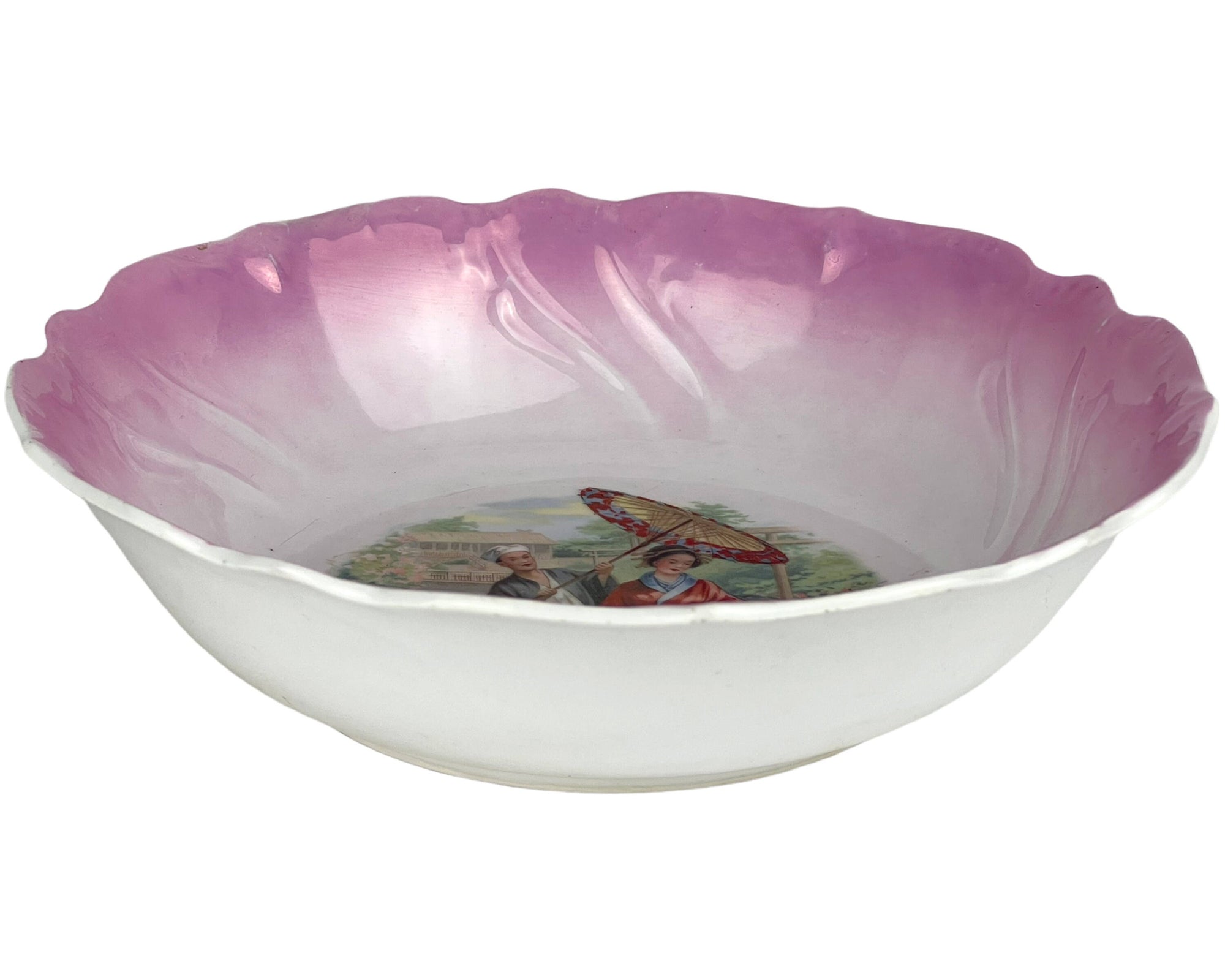 Antique Porcelain Bowl Japanese Family Transfer Image w Pink Lustre Rim - Poppy's Vintage Clothing