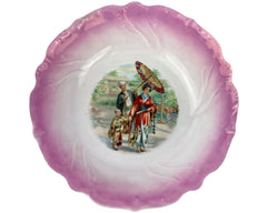 Antique Porcelain Bowl Japanese Family Transfer Image w Pink Lustre Rim - Poppy's Vintage Clothing