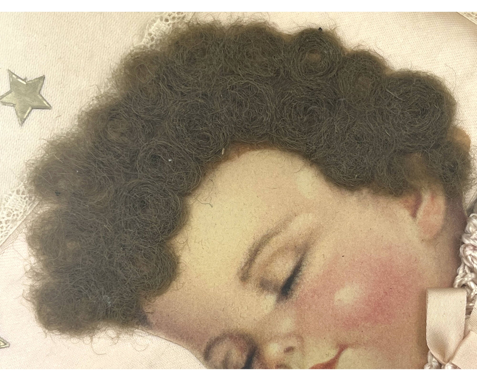 Vintage 1930s Sleeping Baby Paper Doll Picture Collage w Real Human Hair Lace and Ribbon Trim - Poppy's Vintage Clothing