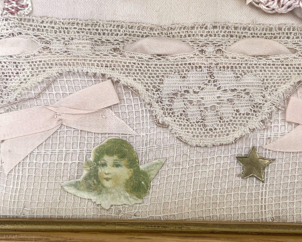 Vintage 1930s Sleeping Baby Paper Doll Picture Collage w Real Human Hair Lace and Ribbon Trim - Poppy's Vintage Clothing