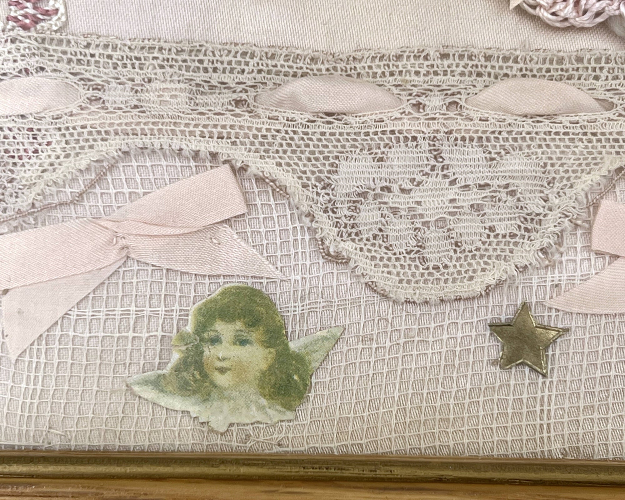 Vintage 1930s Sleeping Baby Paper Doll Picture Collage w Real Human Hair Lace and Ribbon Trim - Poppy's Vintage Clothing