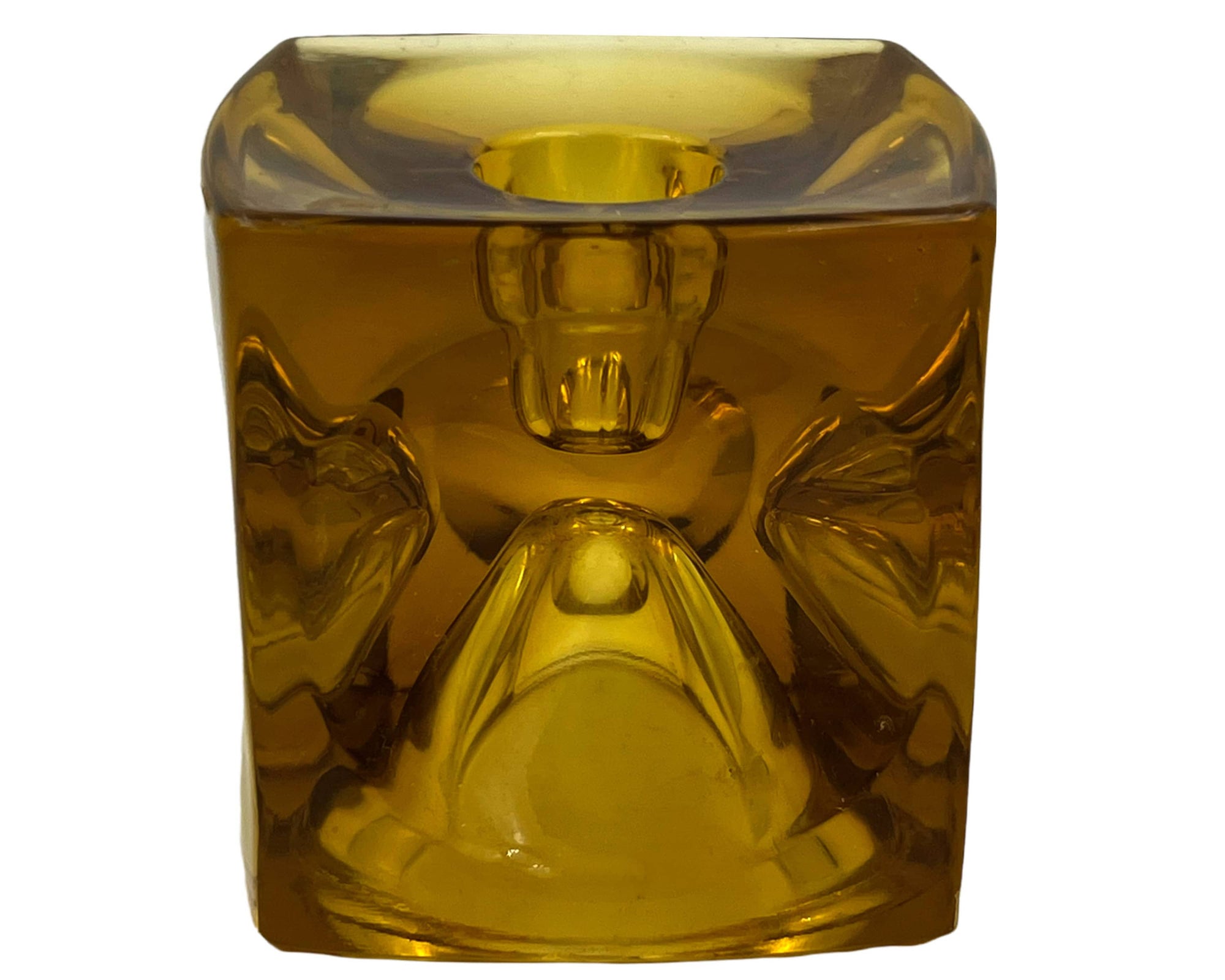 1960s Modernist Amber Glass Cube Candle Holder Rudolf Jurnikl Sklo Union - Poppy's Vintage Clothing