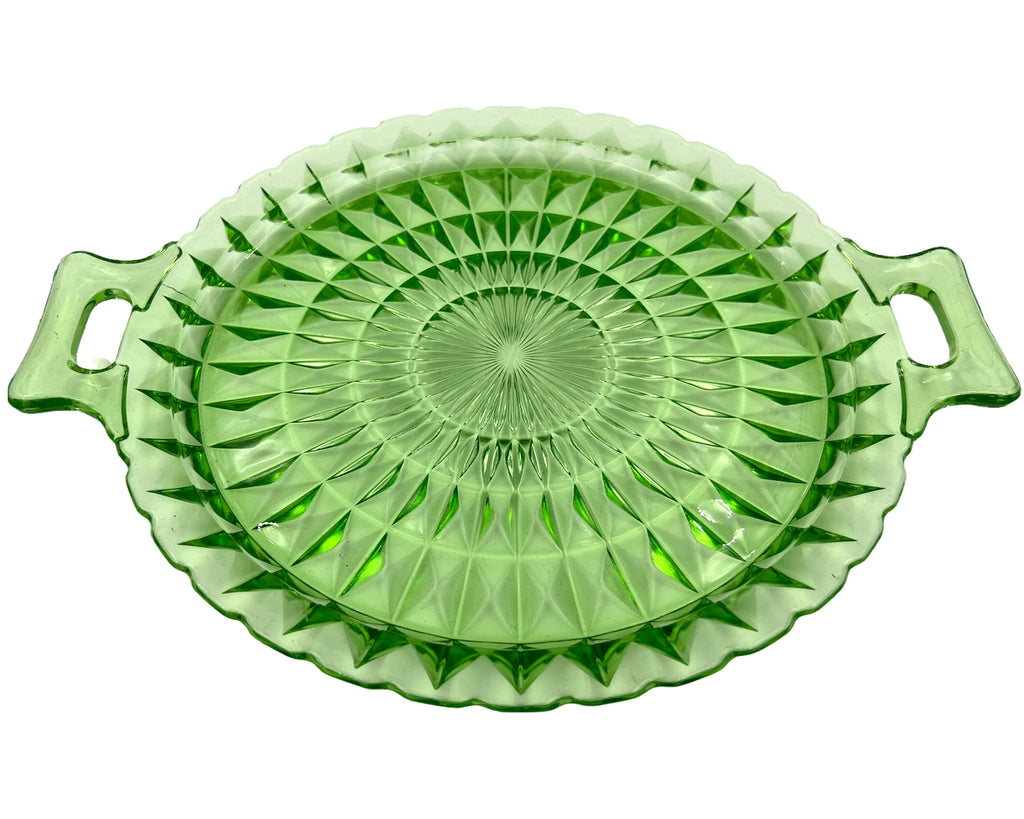 Vintage 1930s Windsor Depression Glass Green Vaseline Cake Plate Handled - Poppy's Vintage Clothing