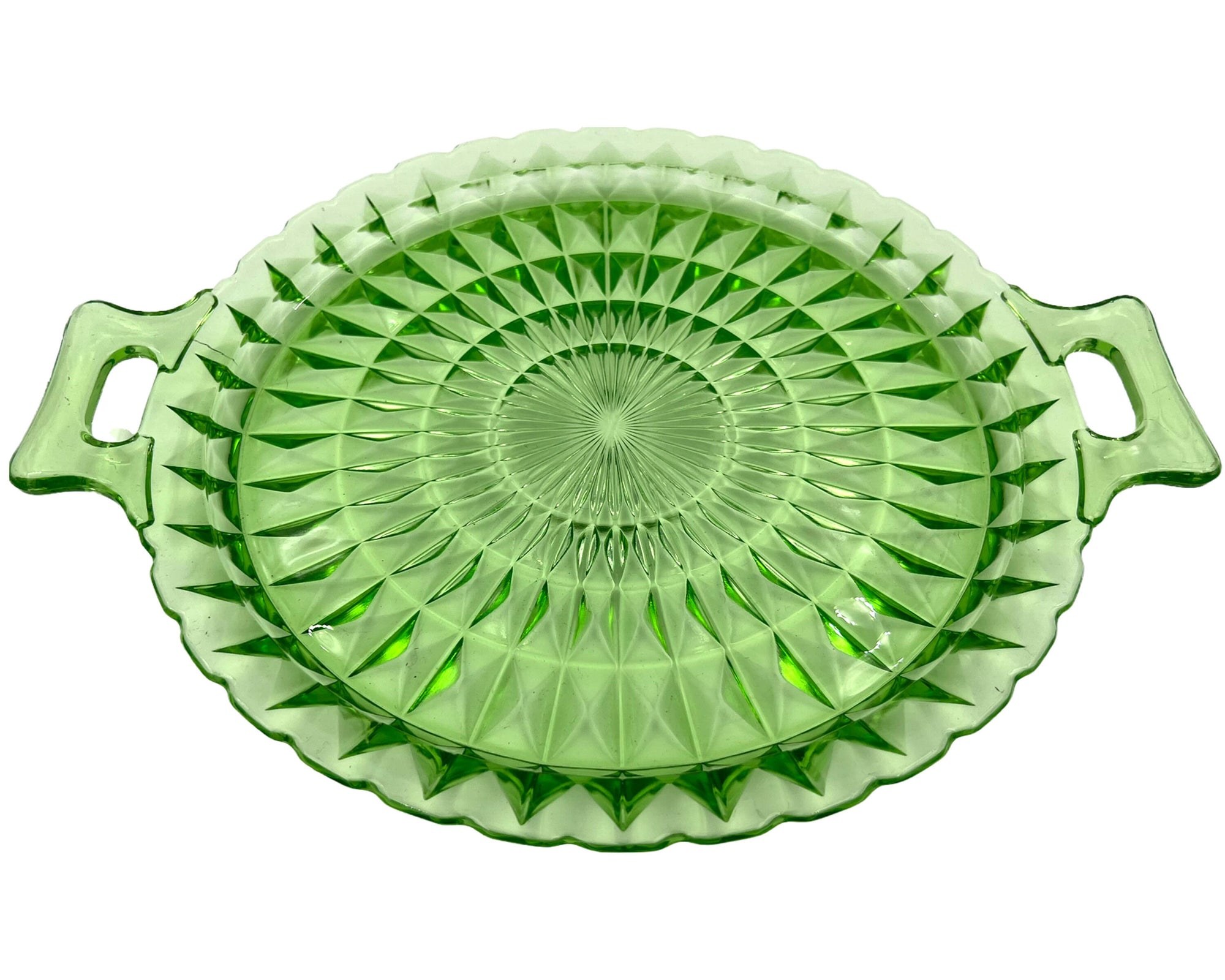 Vintage 1930s Windsor Depression Glass Green Vaseline Cake Plate Handled - Poppy's Vintage Clothing