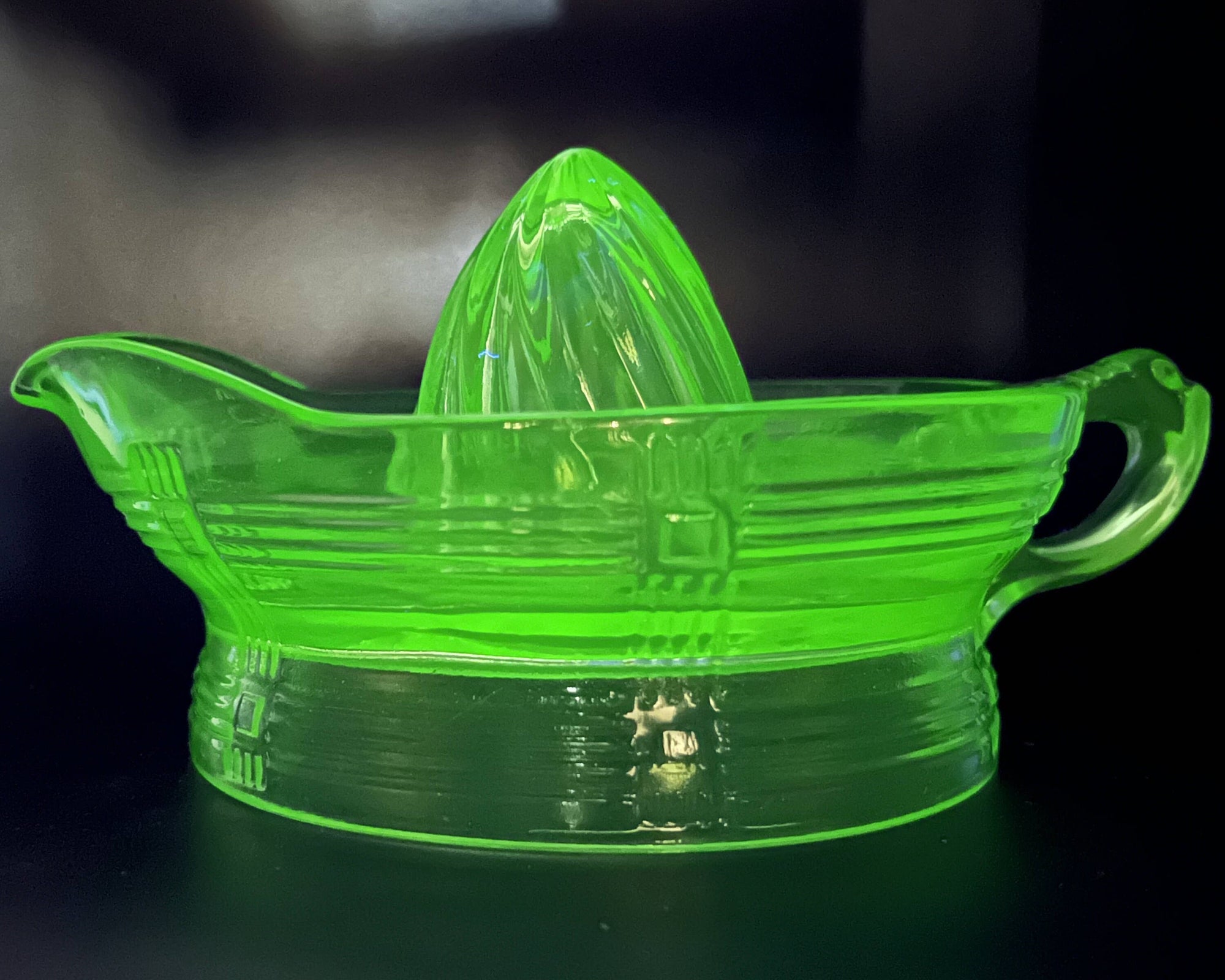 Depression Era Hazel Atlas Vaseline Glass Crisscross Orange Reamer - Poppy's Vintage Clothing
