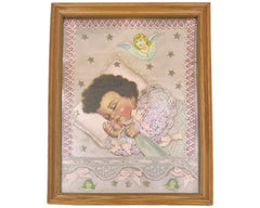 Vintage 1930s Sleeping Baby Paper Doll Picture Collage w Real Human Hair Lace and Ribbon Trim - Poppy's Vintage Clothing
