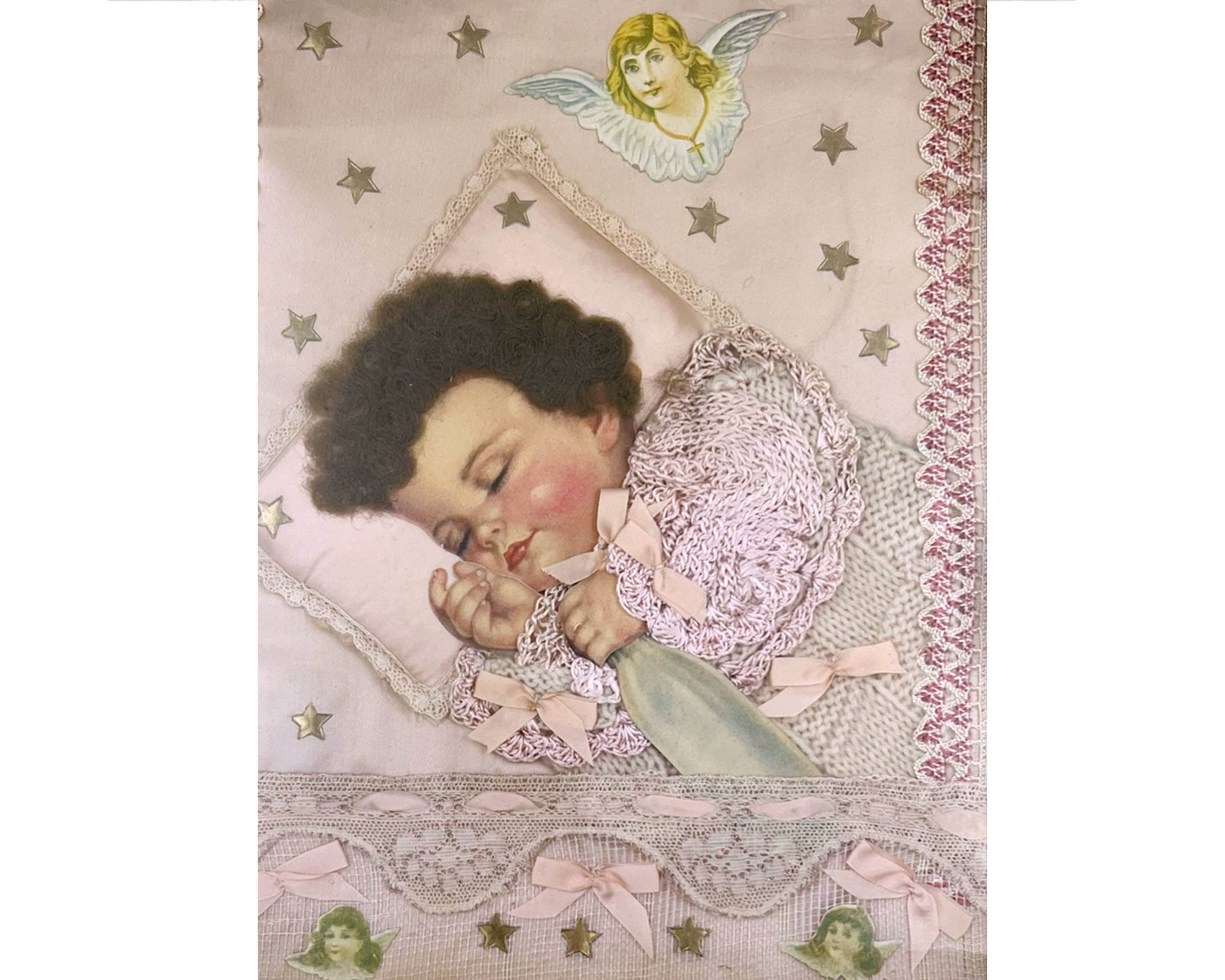 Vintage 1930s Sleeping Baby Paper Doll Picture Collage w Real Human Hair Lace and Ribbon Trim - Poppy's Vintage Clothing