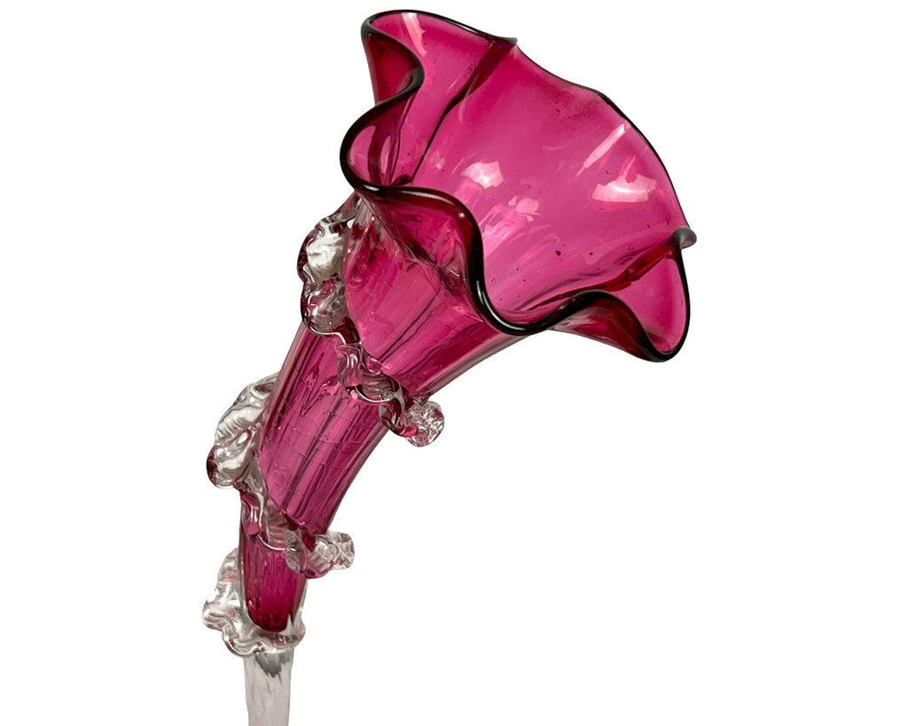 Antique Victorian Cranberry Opalescent Glass Flower Epergne 3 Trumpets w Bowl - Poppy's Vintage Clothing