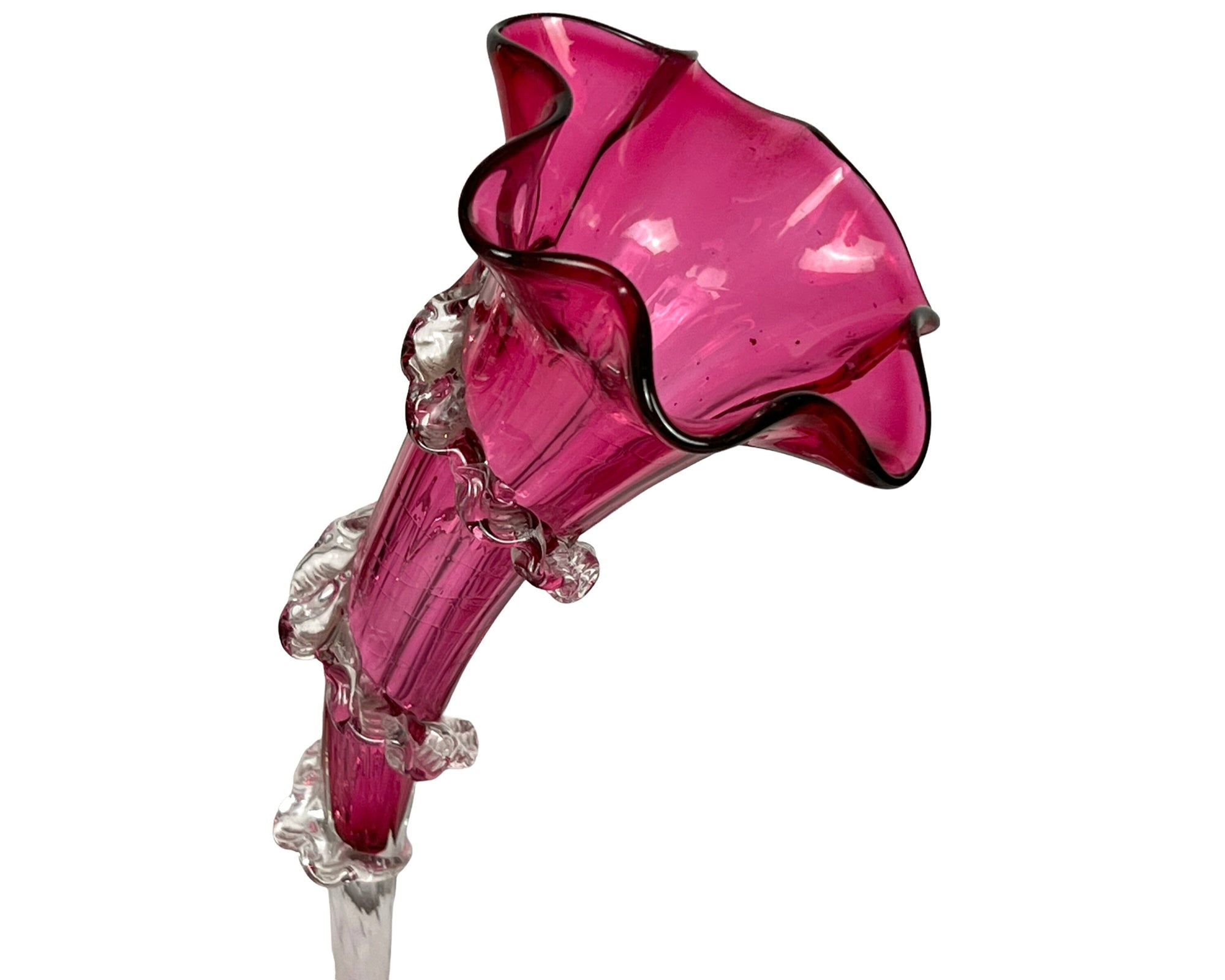 Antique Victorian Cranberry Opalescent Glass Flower Epergne 3 Trumpets w Bowl - Poppy's Vintage Clothing