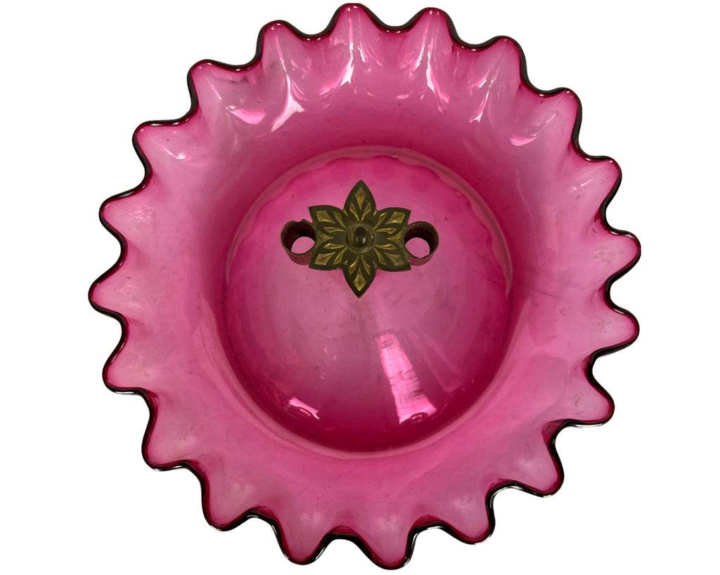 Antique Victorian Cranberry Opalescent Glass Flower Epergne 3 Trumpets w Bowl - Poppy's Vintage Clothing