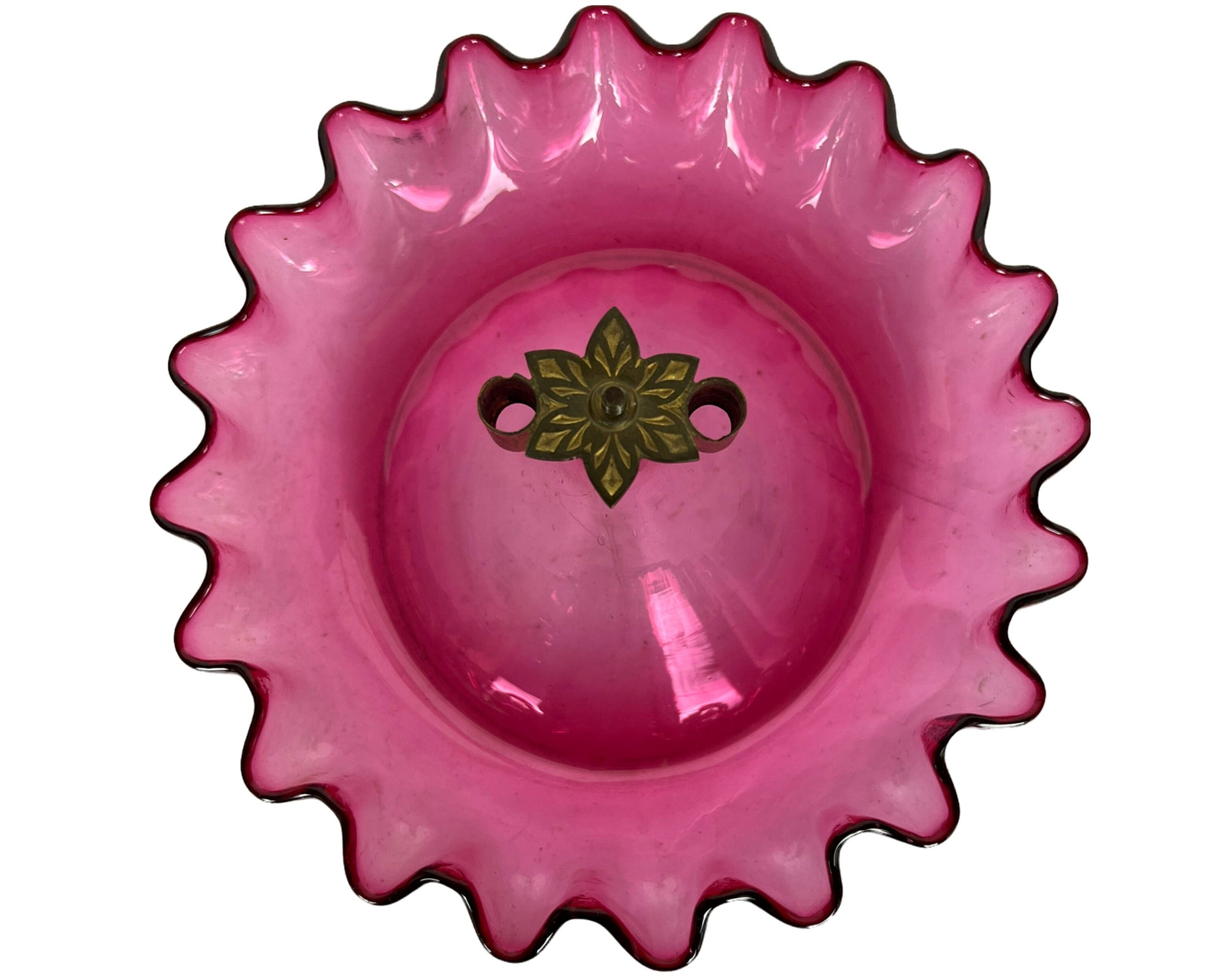 Antique Victorian Cranberry Opalescent Glass Flower Epergne 3 Trumpets w Bowl - Poppy's Vintage Clothing