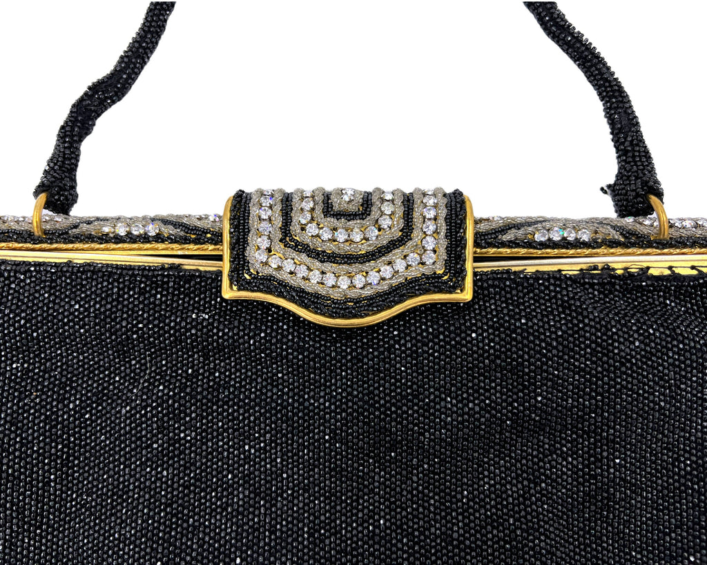 Vintage 1950s Evening Bag w Diamante Clasp Black Beaded Purse Hand Made in France - VFG - Poppy's Vintage Clothing
