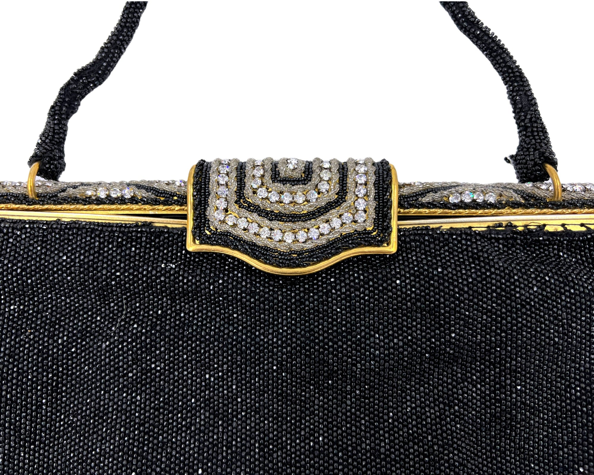 Vintage 1950s Evening Bag w Diamante Clasp Black Beaded Purse Hand Made in France - VFG - Poppy's Vintage Clothing