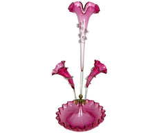 Antique Victorian Cranberry Opalescent Glass Flower Epergne 3 Trumpets w Bowl - Poppy's Vintage Clothing