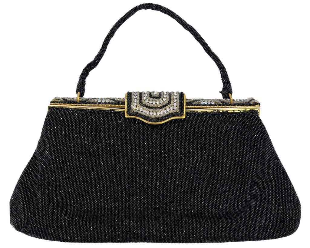 Vintage 1950s Evening Bag w Diamante Clasp Black Beaded Purse Hand Made in France - VFG - Poppy's Vintage Clothing