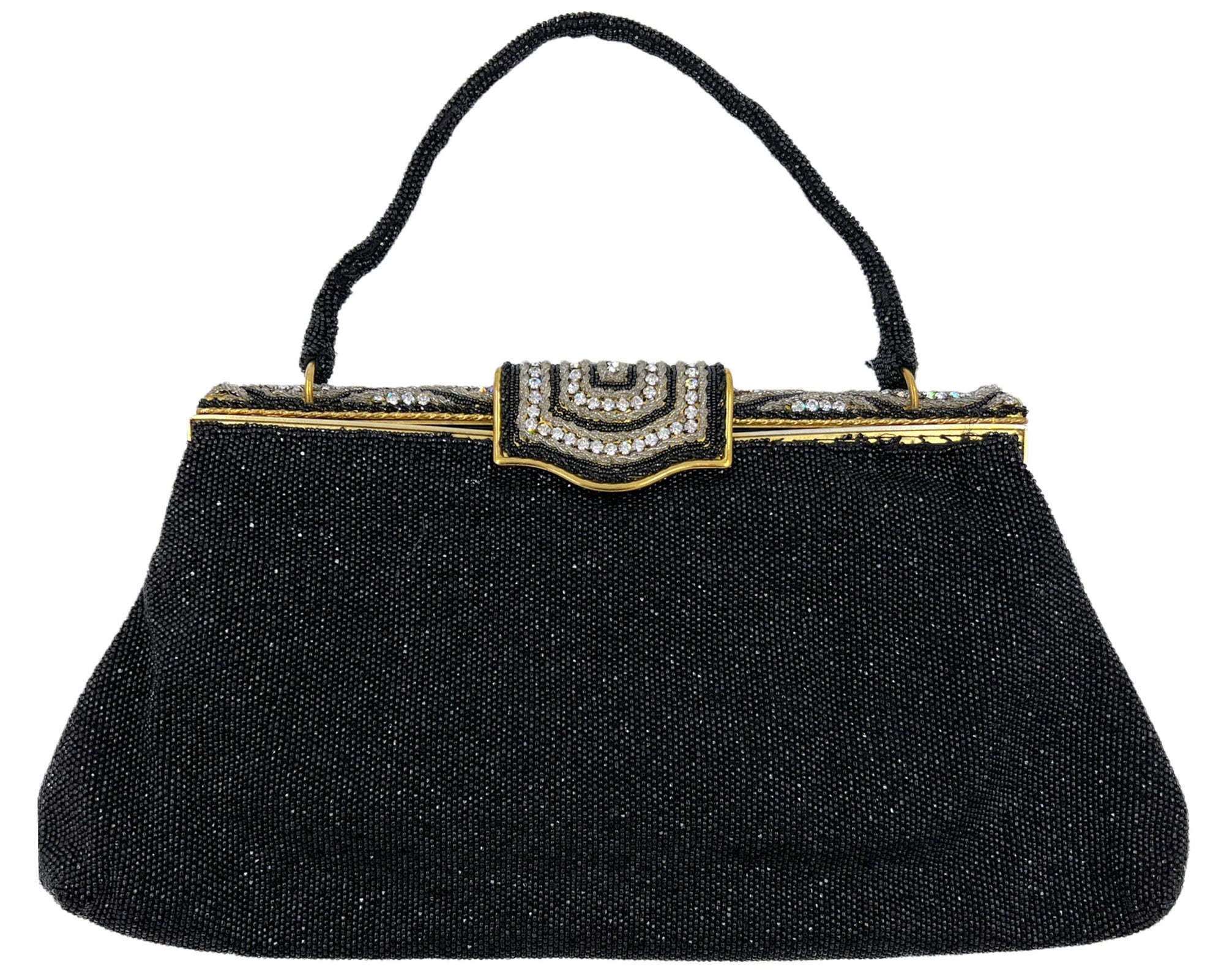 Vintage 1950s Evening Bag w Diamante Clasp Black Beaded Purse Hand Made in France - VFG - Poppy's Vintage Clothing