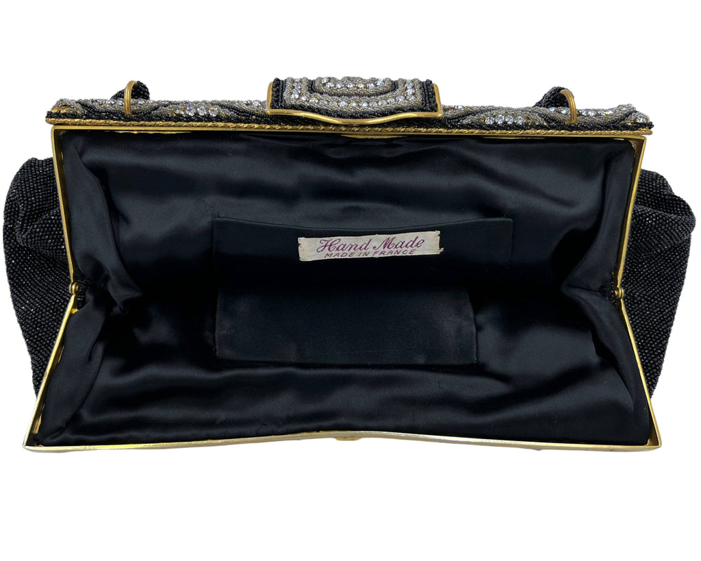 Vintage 1950s Evening Bag w Diamante Clasp Black Beaded Purse Hand Made in France - VFG - Poppy's Vintage Clothing