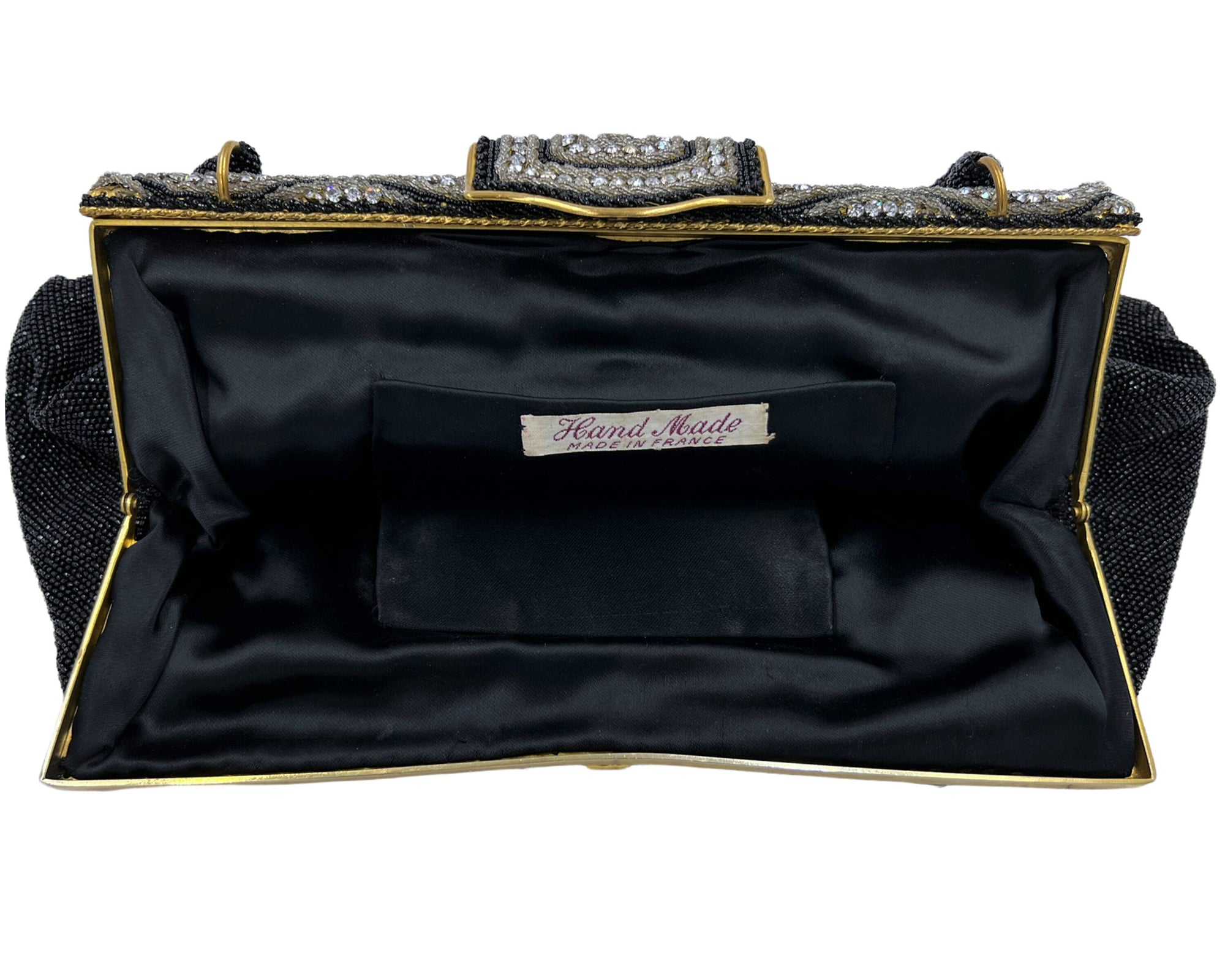 Vintage 1950s Evening Bag w Diamante Clasp Black Beaded Purse Hand Made in France - VFG - Poppy's Vintage Clothing